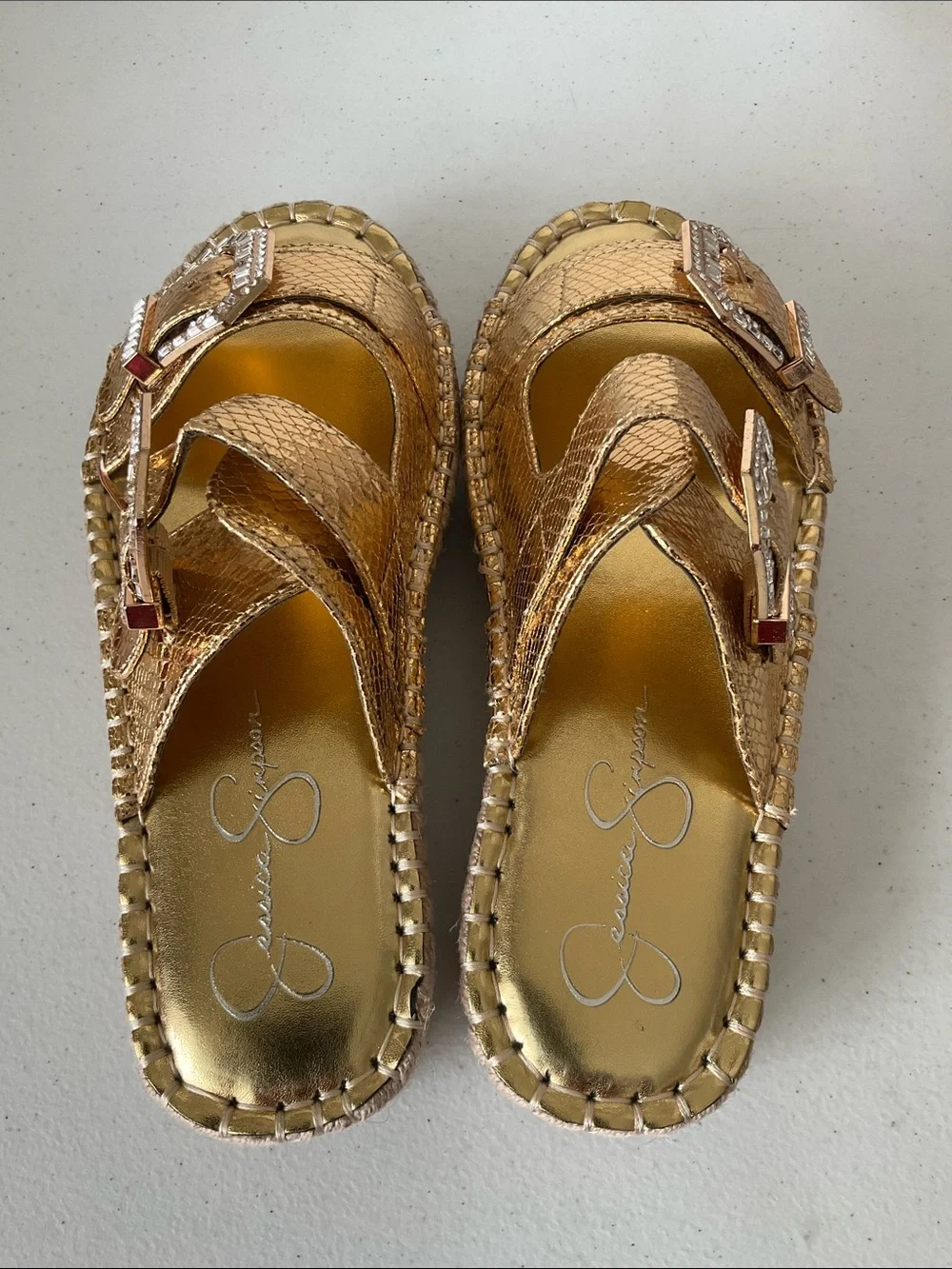 Jessica Simpson Chandria Metallic Silver Snakeskin Buckle Slide Sandals (NWOT)